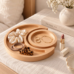 Natural wood Moon and Sun catchall tray with celestial design