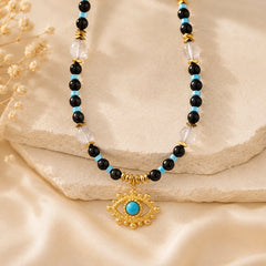 Gold Evil Eye Charm Necklace with Obsidian and Turquoise Beads