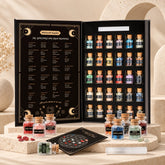Open Crystal Starter Kit with 30 mini gemstone bottles, Flower of Life crystal grid, selenite stick and crystal guide