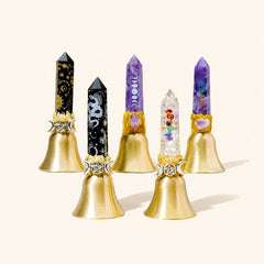 Crystal point bell collection arranged for display