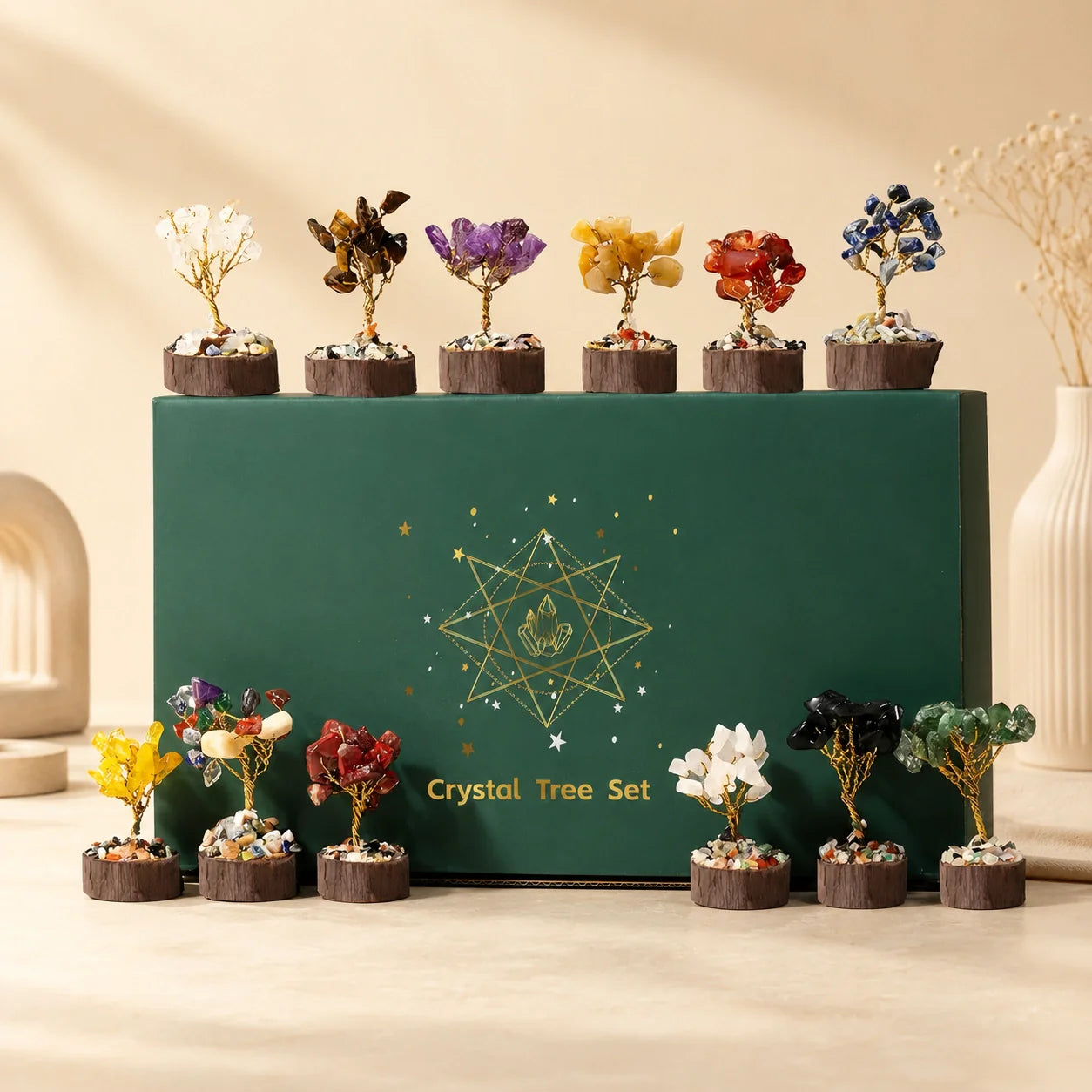 12 mini crystal tree set feng shui gemstone trees display for home decor and harmony