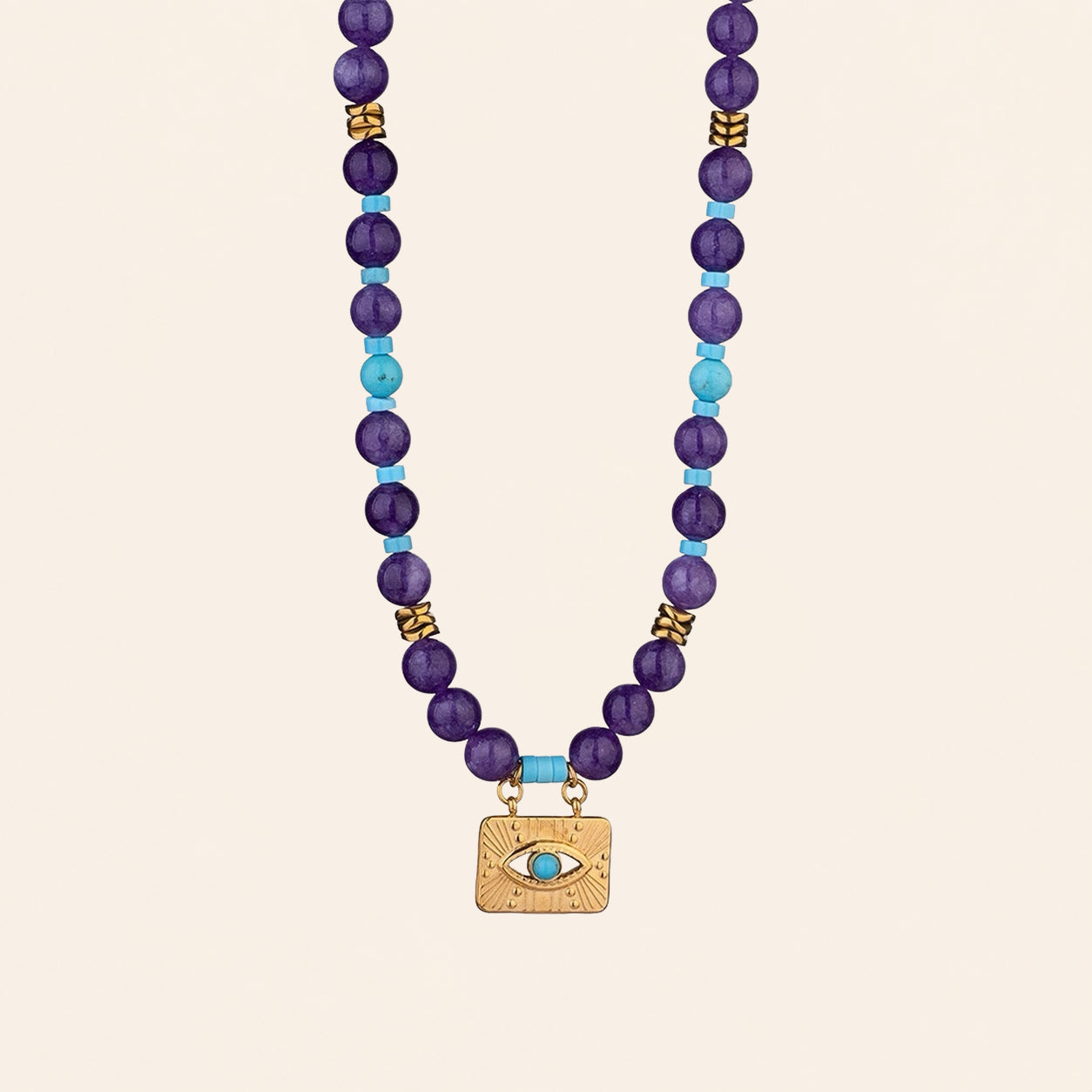 Evil Eye Amethyst Turquoise Necklace with natural stone beads and gold-plated pendant