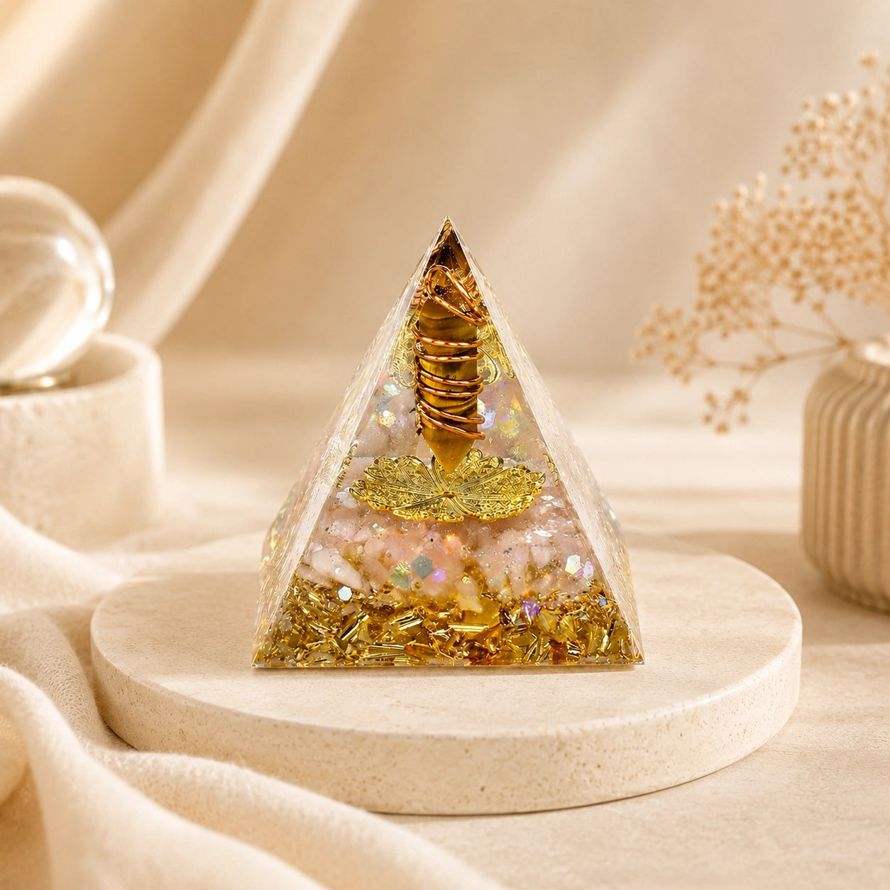 Abundance and wealth manifestation orgonite pyramid with tiger’s eye point, citrine chips, copper coil and gold details on a neutral background