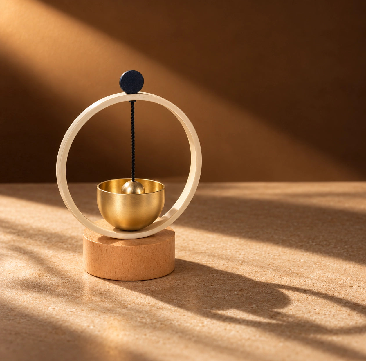 Mini brass singing bowl chime with circular frame and wooden base in warm amber natural light