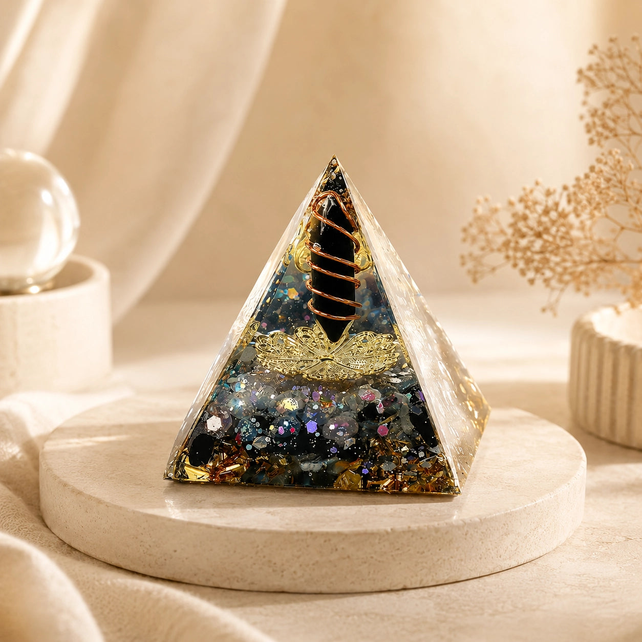 Obsidian and labradorite orgonite pyramid with copper coil and gold details styled on a soft beige crystal decor display