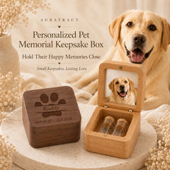 Personalized wooden pet memorial keepsake box with photo display, two glass vials and happy Labrador