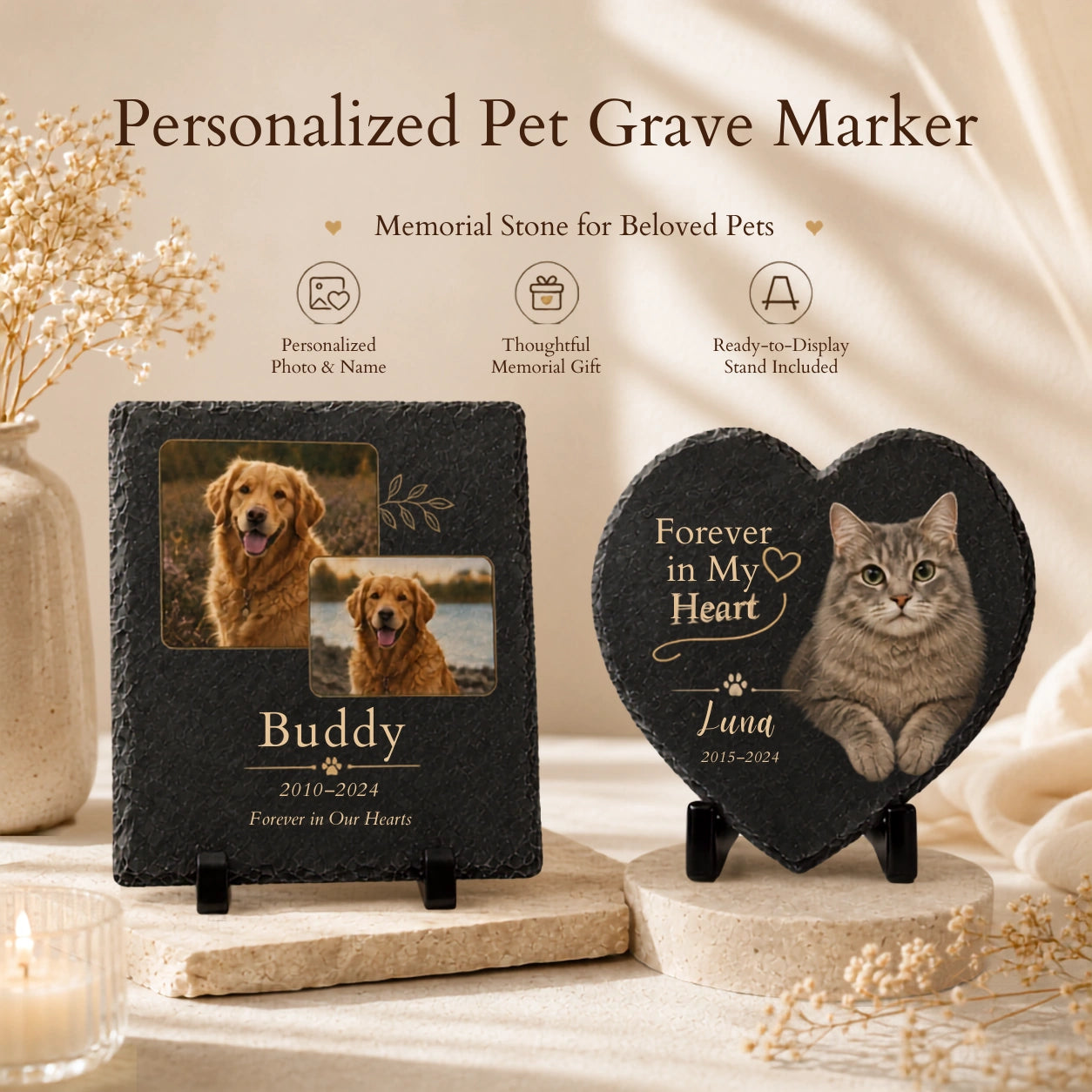 Personalized pet grave marker options with custom photo, name and memorial message
