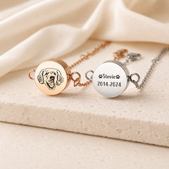 Personalized pet portrait bracelet with custom dog engraving, pet name and meaningful date details
