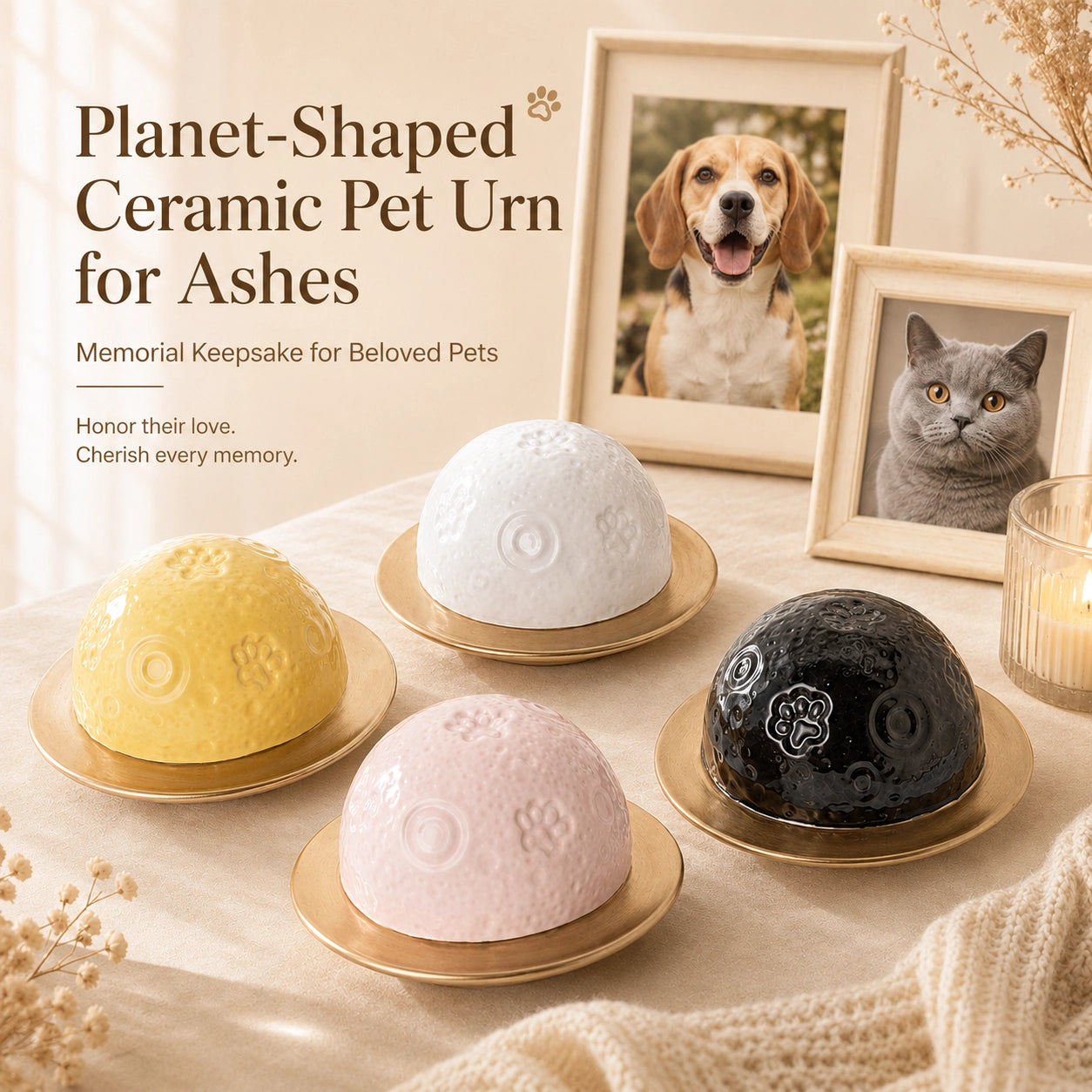 Planet-shaped ceramic pet urns displayed with framed dog and cat memorial photos