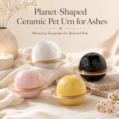 Planet-shaped ceramic pet urns for ashes in white, pink, yellow and black with gold rings