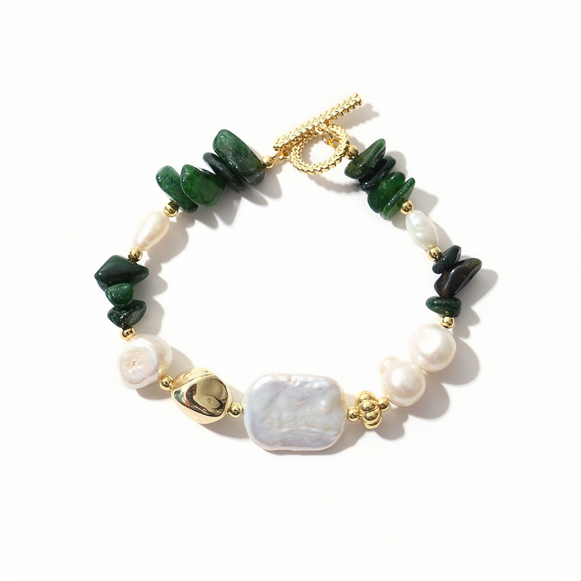 Handmade green jade & pearl bracelet, prosperity & energy