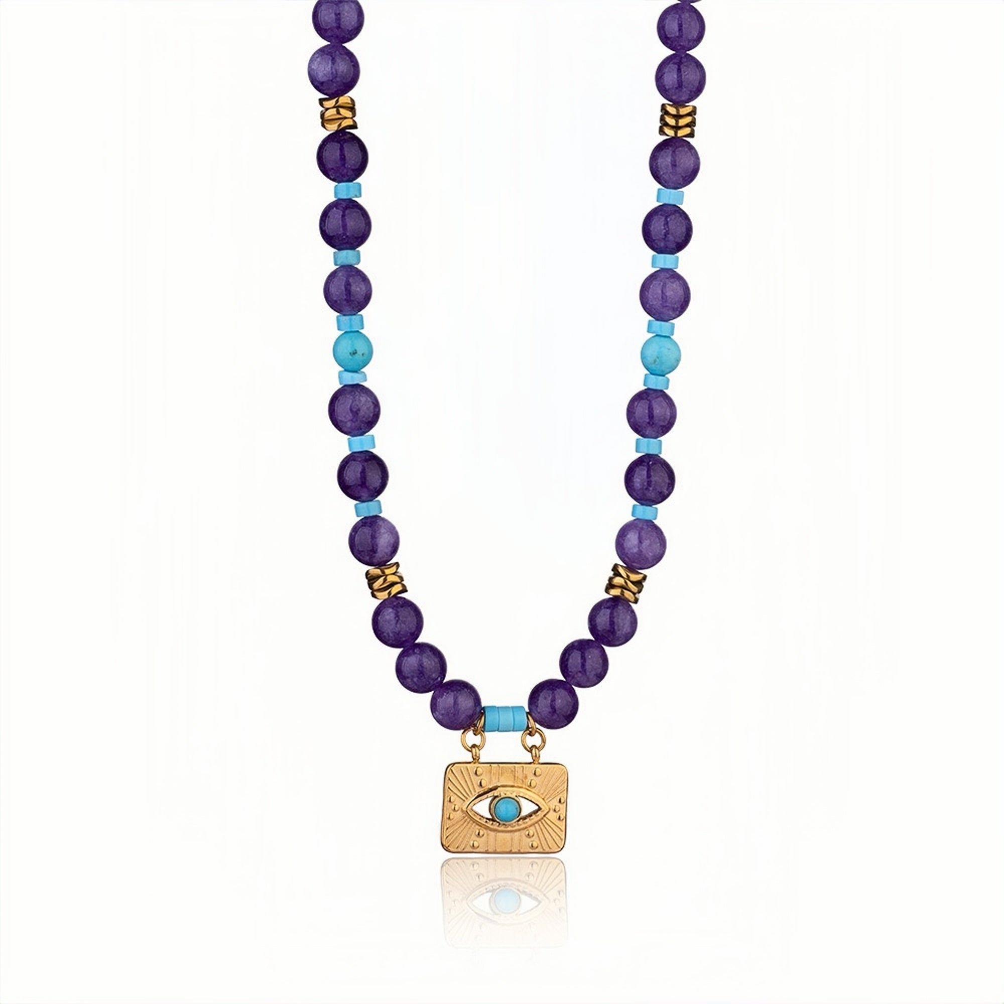 Close-up of an Evil Eye Amethyst & Turquoise Necklace with a gold-plated pendant.