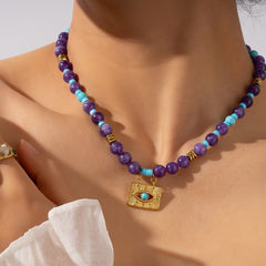 Evil Eye Amethyst & Turquoise Necklace | Protective Spiritual Jewelry - Auratract