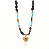 Boho layered crystal necklace with Tiger Eye and heart pendant