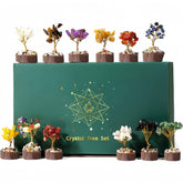 Mini crystal tree set of 12 with gemstone chips on wooden base in gift box