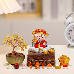 Mini Feng Shui altar set with Caishen (God of Wealth) and crystal tree