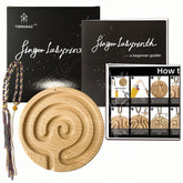 Wooden labyrinth, packaging, and guide for 'Tirmanaz Finger Labyrinth' on a white background