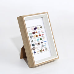 Framed display of various gemstones with labels on a white background