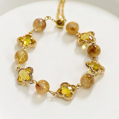 handmade citrine clover bracelet with gold chain for prosperity and success
