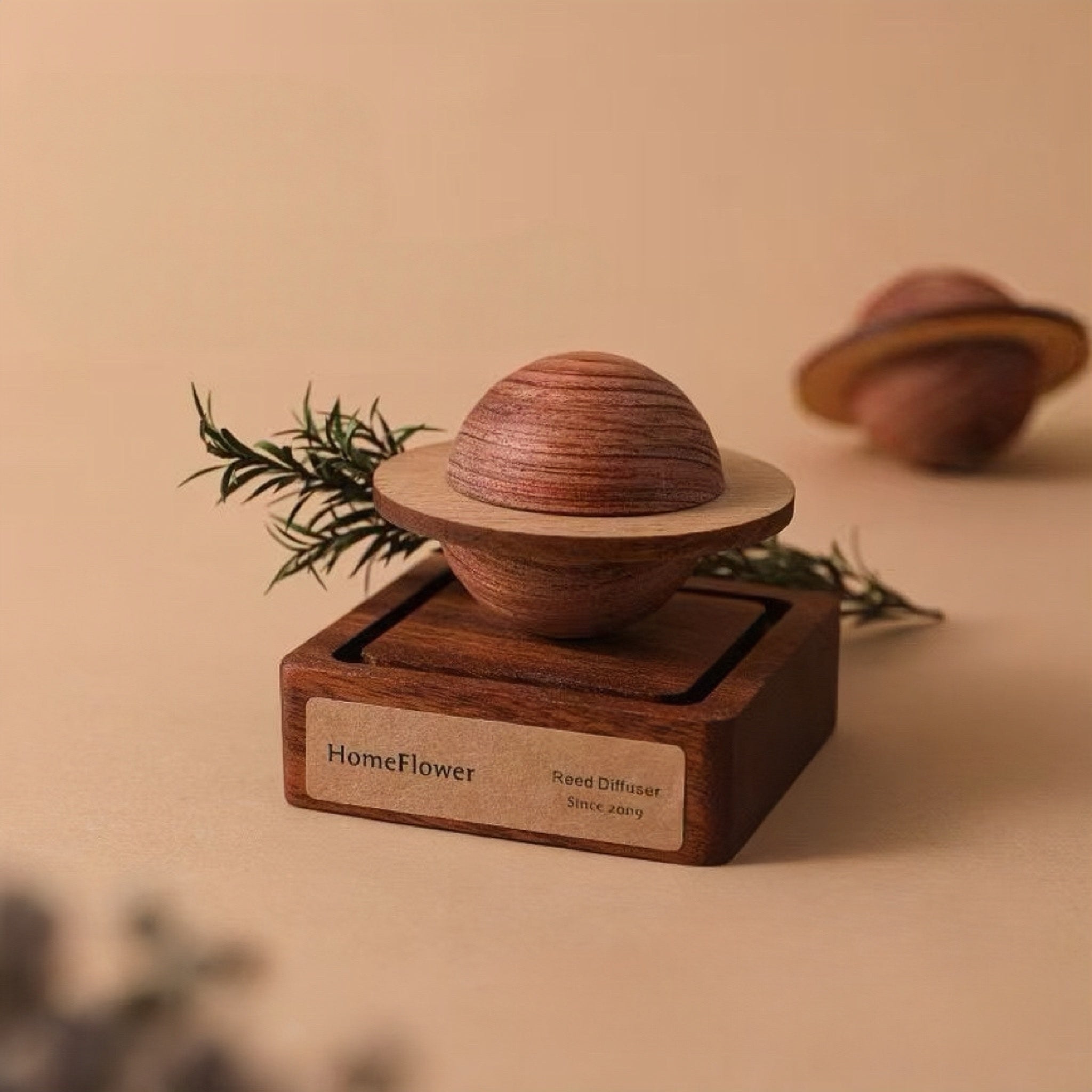 Wooden diffuser with spherical design on a beige background