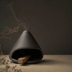 Minimalist Mount Fuji Ceramic Incense Burner with Palo Santo smoke for altar and zen space styling.