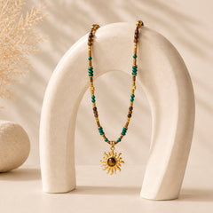 Boho sunflower crystal necklace styled in a warm lifestyle scene for confidence and mindful daily wear