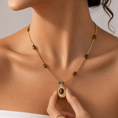 Model Wearing Tiger’s Eye Pendant Necklace