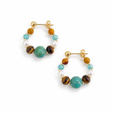 tiger eye and turquoise hoop earrings with gold tone details for confidence and abundance jewelry