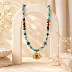 Tiger’s Eye and Turquoise Evil Eye Necklace with Natural Stone Beads