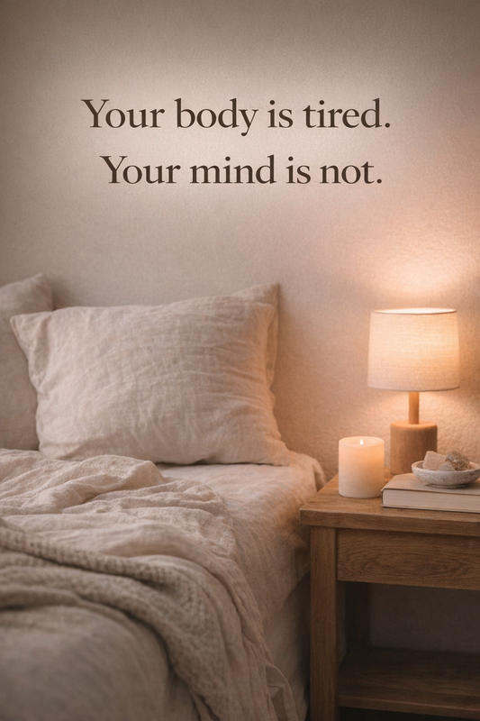 A softly lit bedroom at night with neutral bedding, candlelight, and a warm bedside lamp, reflecting the feeling of being physically tired while the mind remains restless before sleep.