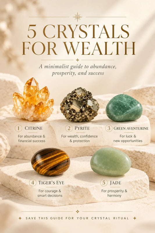5 Crystals for Wealth infographic featuring Citrine, Pyrite, Green Aventurine, Tiger’s Eye, and Jade on a warm ivory background