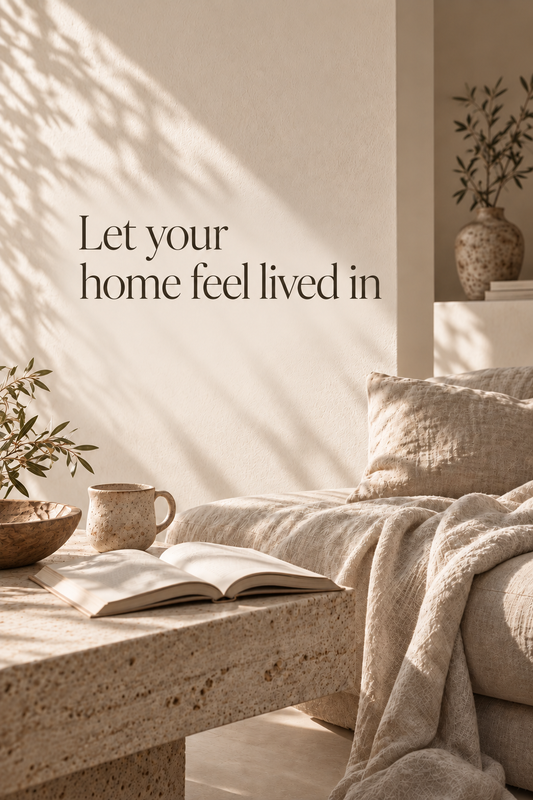 Wabi-Sabi living room with soft sunlight, linen sofa, open book, ceramic mug, and the words “Let your home feel lived in