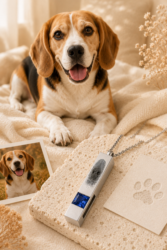 Beagle with personalized pet nose print necklace, paw print card and photo in a warm cream-colored home setting