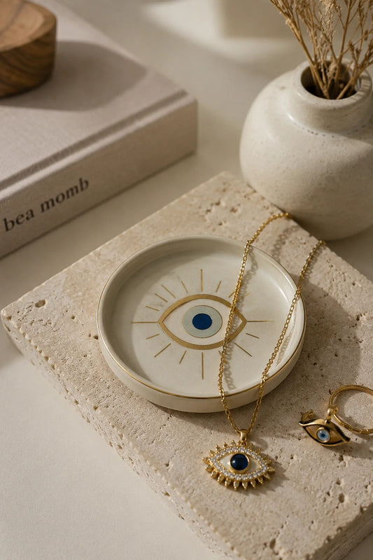 Evil Eye jewelry and ceramic dish on natural travertine stone with gold accents and soft neutral home décor
