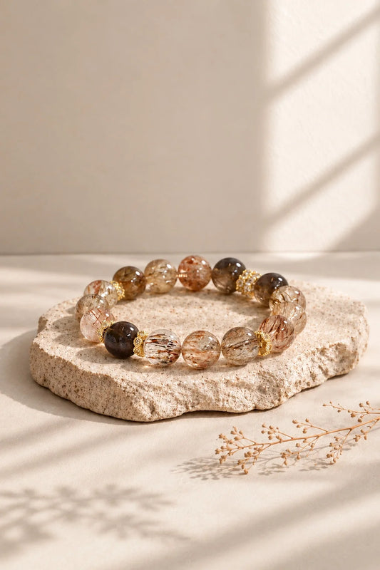 Smoky Quartz and Black Gold Rutilated Quartz Bracelet with gold-tone spacers, displayed on a textured ivory stone slab in soft natural sunlight.