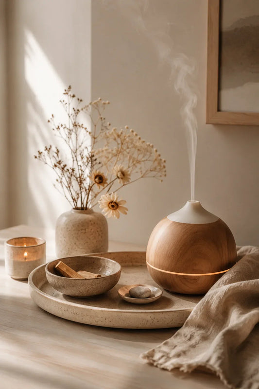 Calm corner at home with natural decor, aroma diffuser, ceramic tray, and small rituals