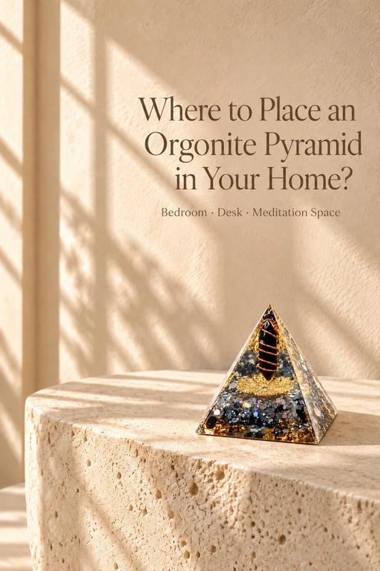 Black orgonite pyramid on a travertine pedestal in a warm sunlit home interior, featured for a guide to where to place an orgonite pyramid.