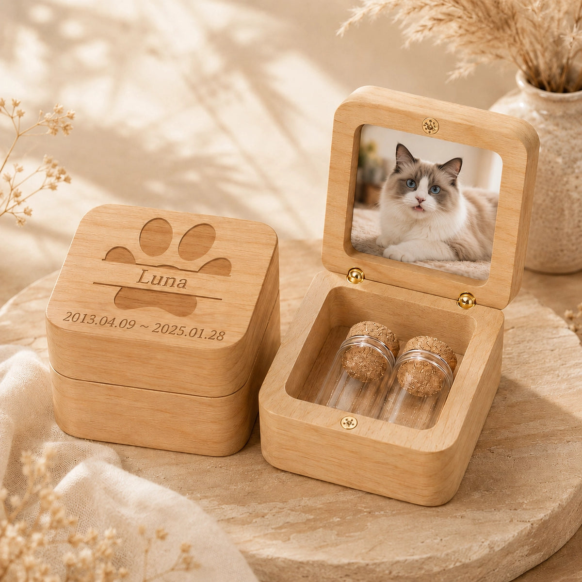 Natural wood personalized cat memorial keepsake box with Ragdoll photo, engraved name and two glass vials