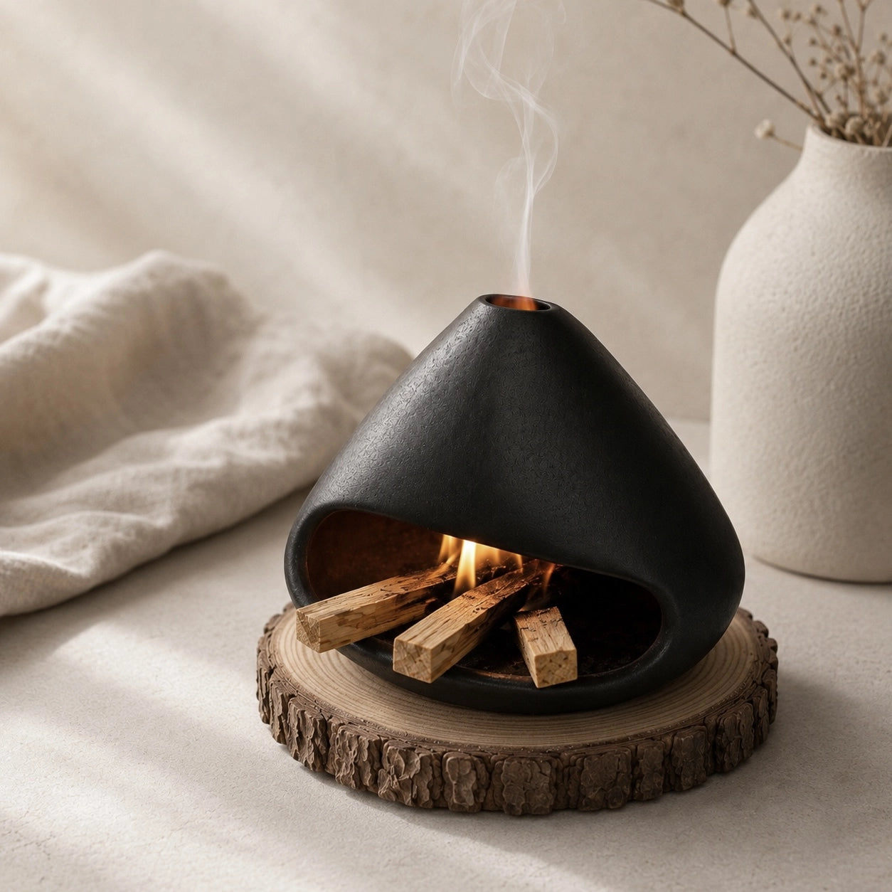 Black ceramic Palo Santo burner displayed on a natural wood slice in a warm Wabi-Sabi interior