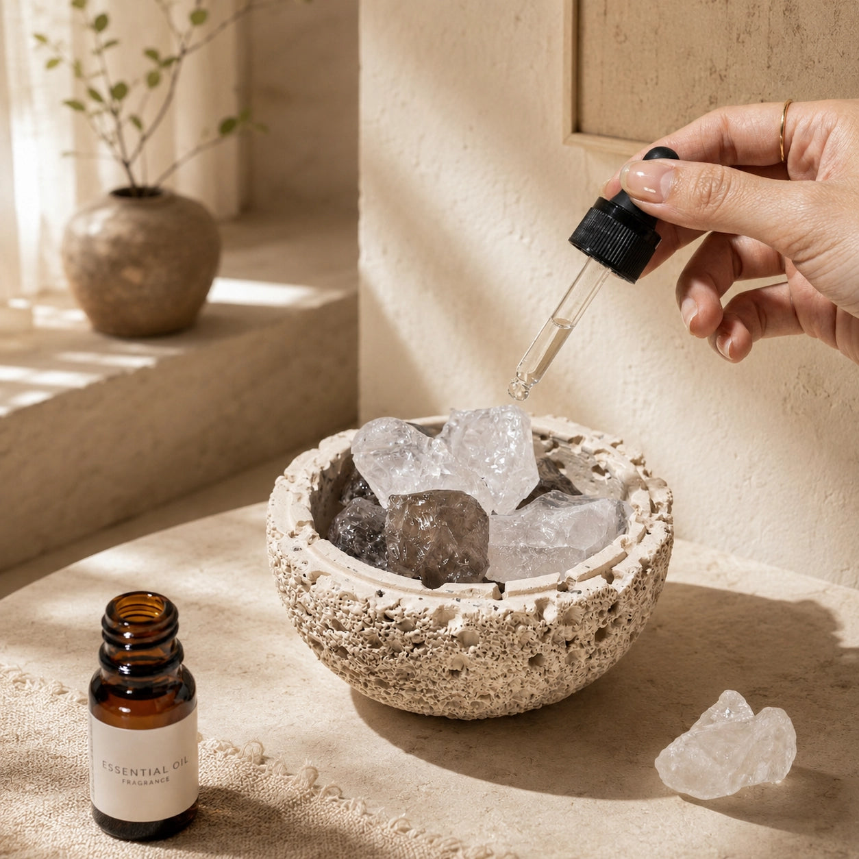 Beige volcanic-texture aroma stone holder with essential oil added to clear stones