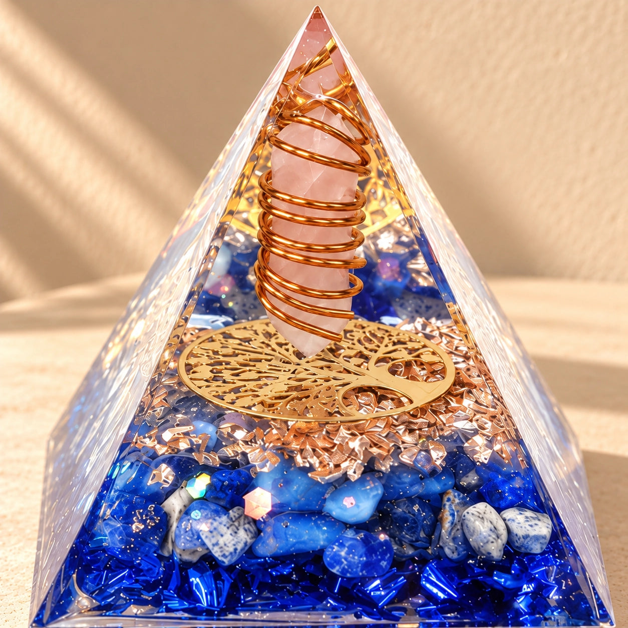 Close-up of rose quartz, lapis lazuli, opal, copper coil and blue foil inside an orgonite pyramid