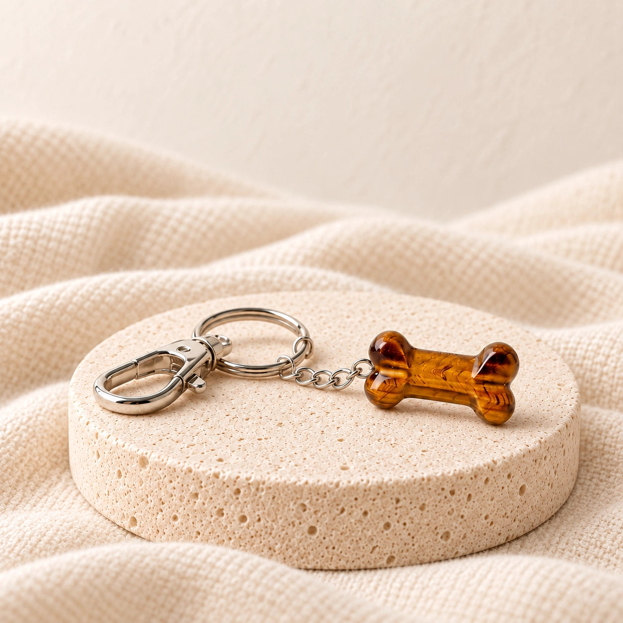 Tiger's Eye natural stone pet bone charm with silver keyring on a warm ivory stone display
