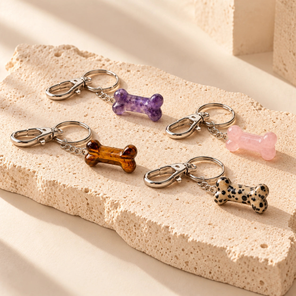 Four natural stone pet bone charms in Amethyst, Rose Quartz, Tiger's Eye and Dalmatian Jasper arranged on a warm ivory stone slab