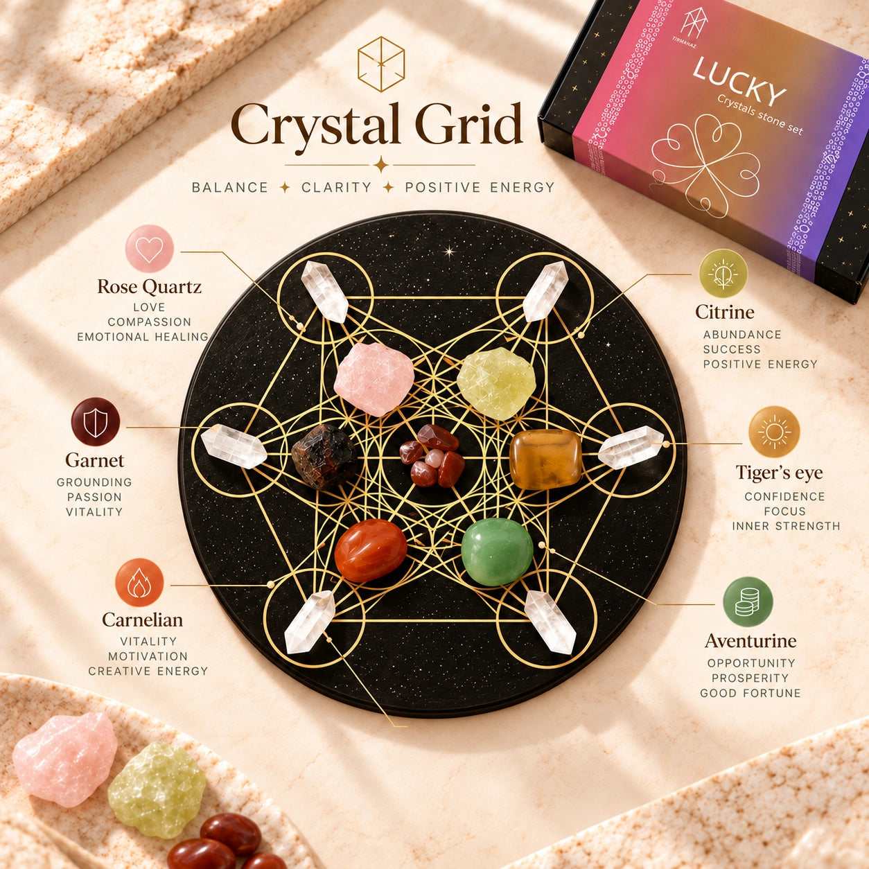 Lucky crystal grid featuring Rose Quartz, Citrine, Garnet, Tiger's Eye, Carnelian and Aventurine
