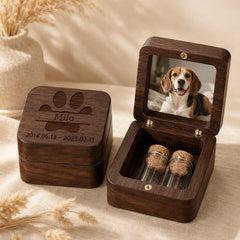 Walnut personalized pet memorial keepsake box with custom dog name, photo display and two glass vials
