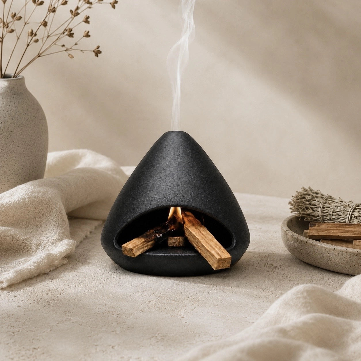 Black ceramic energy-cleansing burner styled with sage bundle and Palo Santo in neutral home decor
