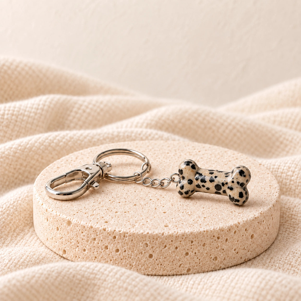 Dalmatian Jasper natural stone pet bone charm with silver keyring on a warm ivory stone display