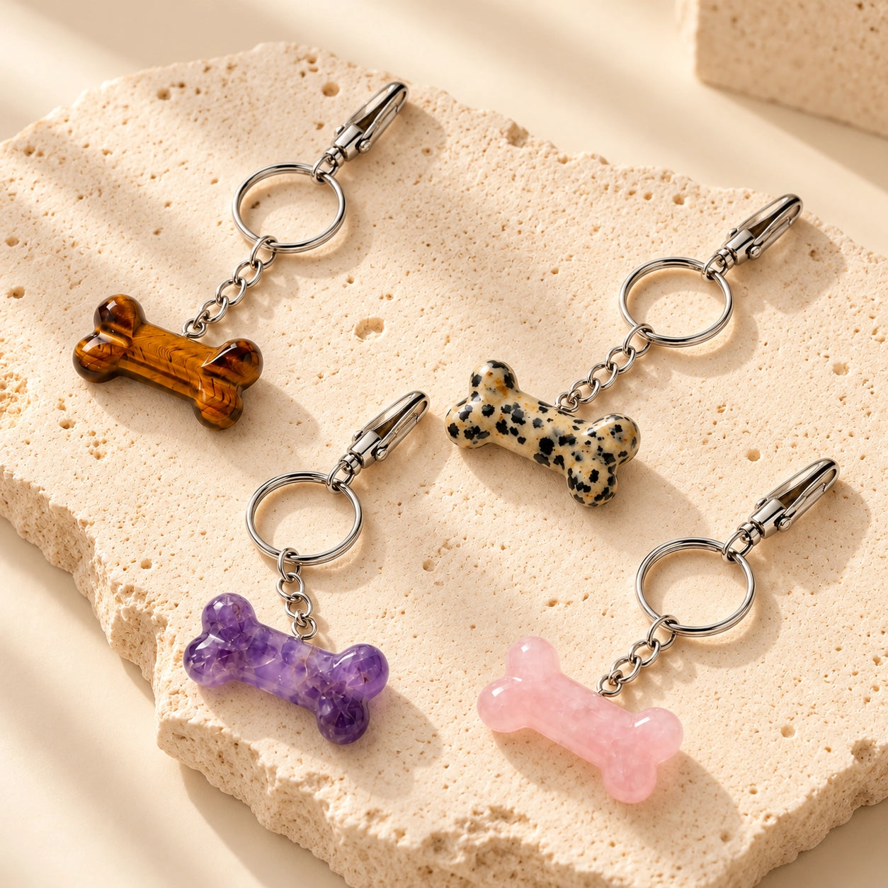 Four natural stone pet bone charms in Amethyst, Rose Quartz, Tiger's Eye and Dalmatian Jasper displayed on a warm ivory stone slab, alternate angle