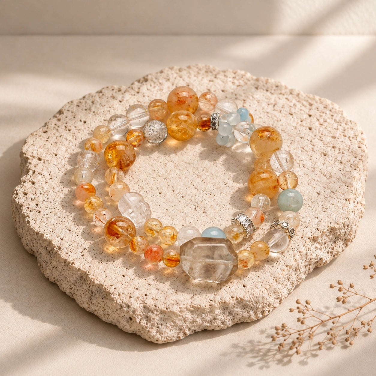 Alternative overhead view of Citrine, Aquamarine, Green Phantom Quartz, Clear Quartz and Smoky Quartz bracelet
