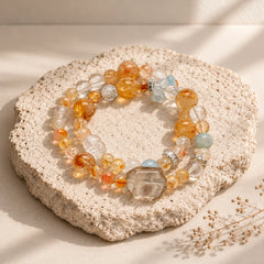Alternative overhead view of Citrine, Aquamarine, Green Phantom Quartz, Clear Quartz and Smoky Quartz bracelet